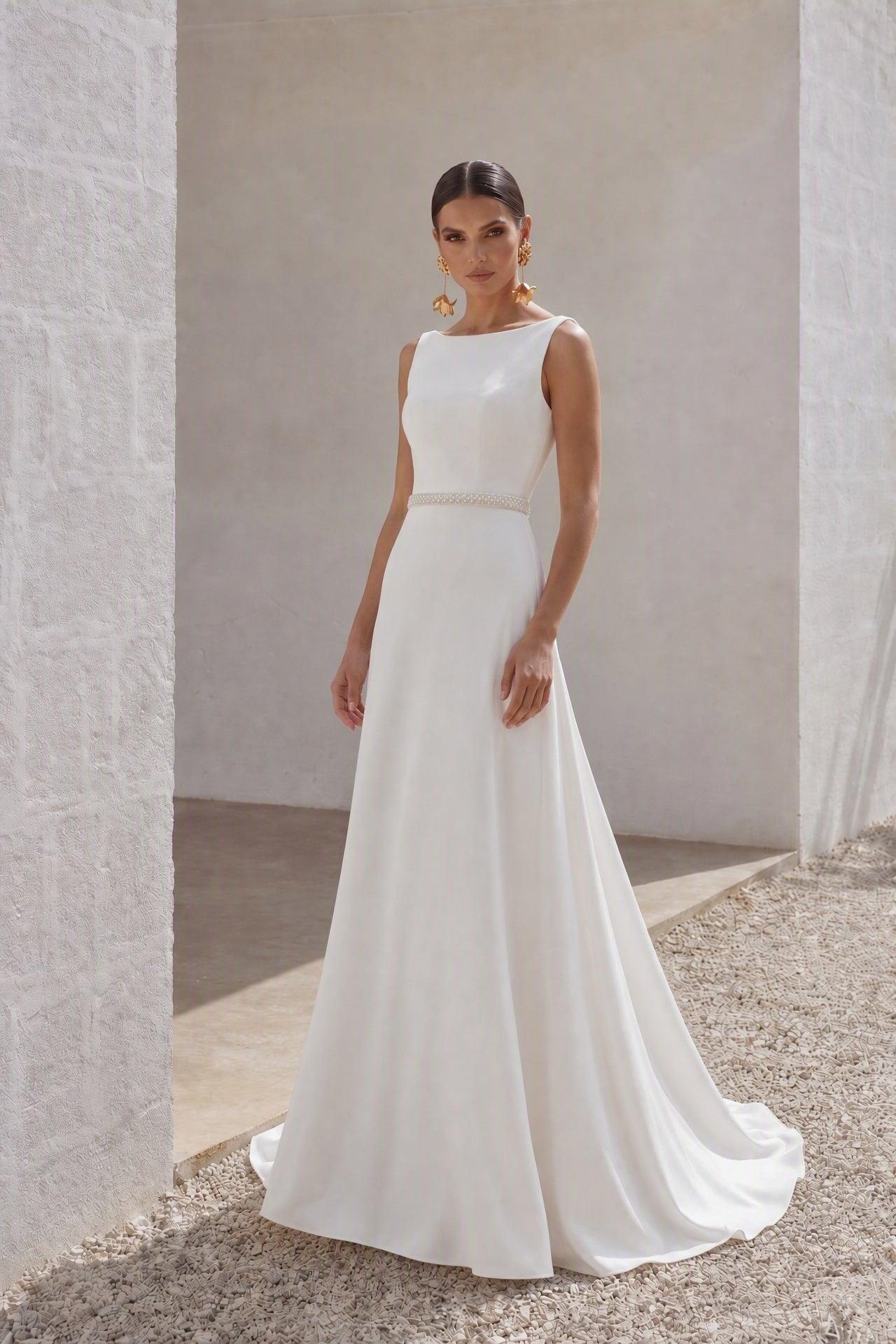 A-Line Sweep-Brush Train Stretch Satin Wedding Dress CW3292 - 25 Days / As Picture:Ivory / US0-UK2-EUR30 - COCOMELODY
